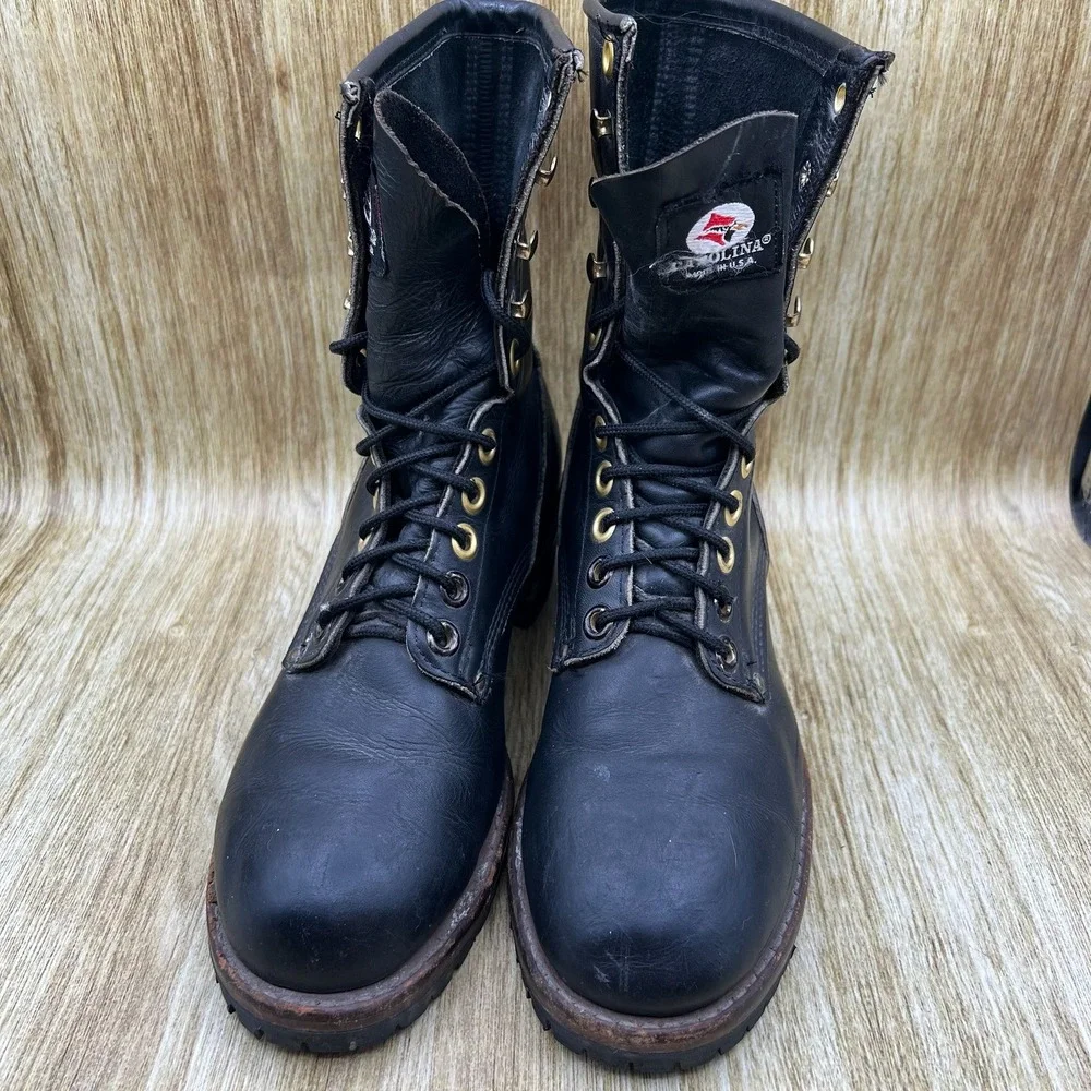 Carolina Logger Boots Men's Size 9 Black Leather Lace Up Made in USA Lug Sole